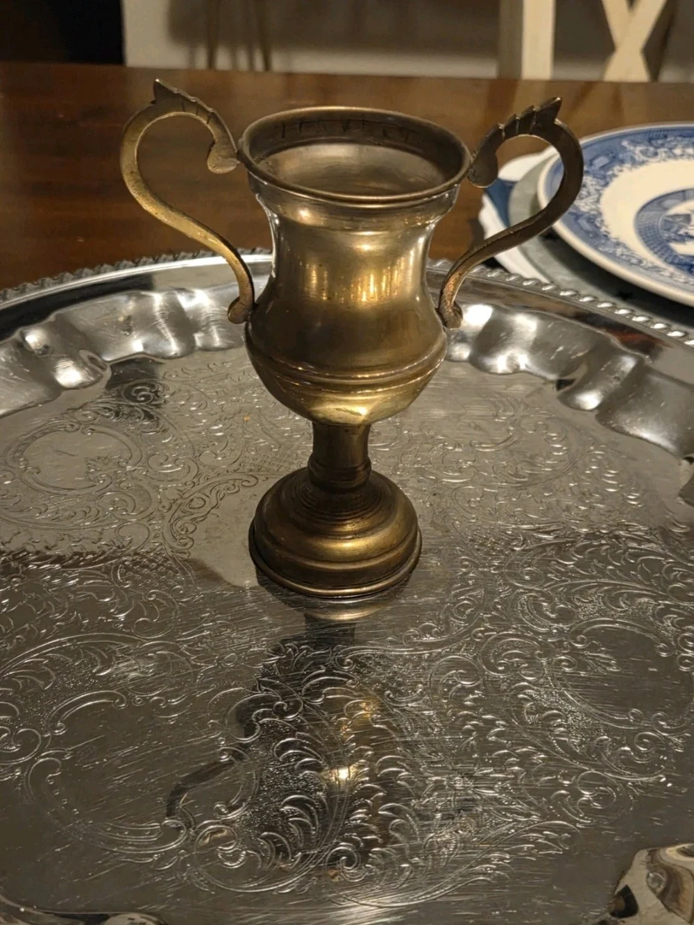 Brass Trophy-Style Decorative Vase in Antique Gold